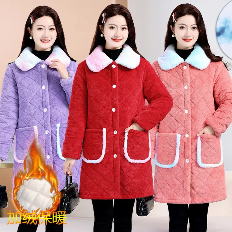 冬季新款加厚加绒罩衣棉服外套中长款棉袄保暖连帽棉衣年轻家居服