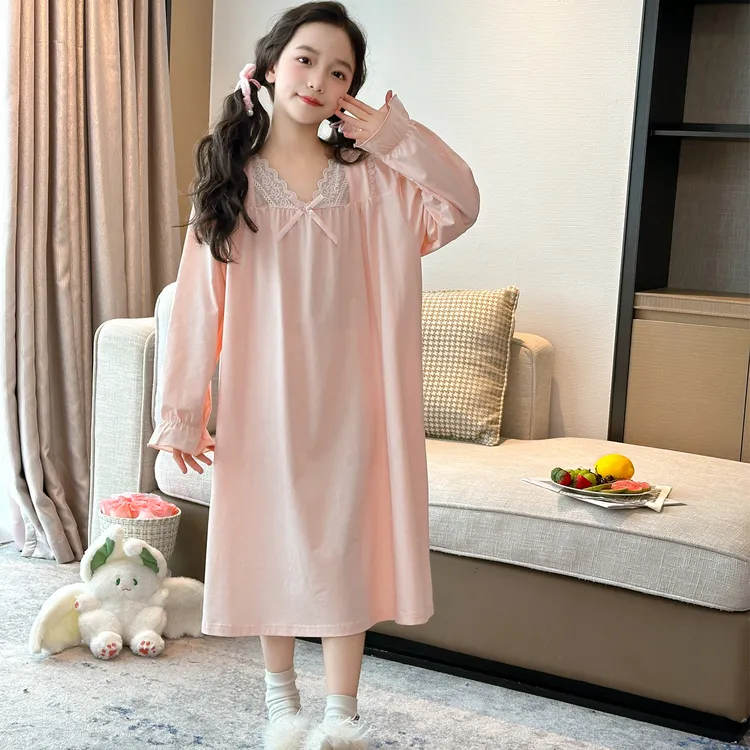 森系舒适长袖休闲风女生居家睡裙家居裙长款甜美纯棉睡衣公主风