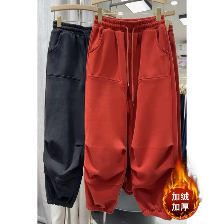 Aimeerosa/艾洛莎冬季加绒束脚休闲裤女时尚百搭抽绳显瘦阔腿卫裤