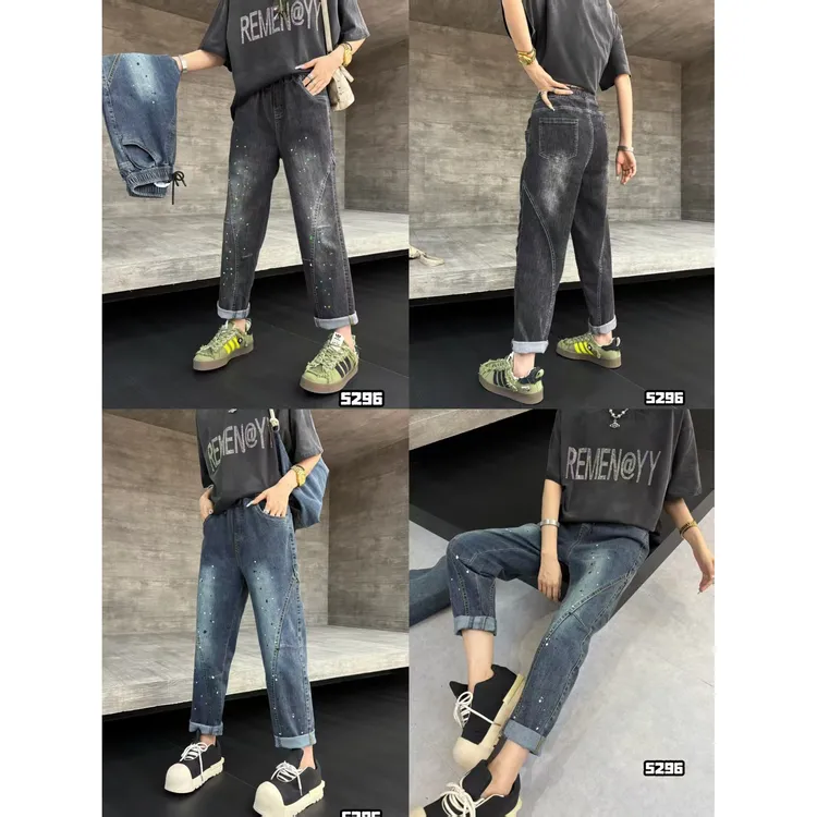 《东北徐老大推荐》大码女装显瘦秋季百搭时尚拼接喷绘老爹裤5296