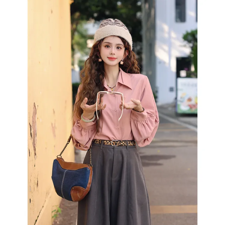 陈大器【窗台桃花】港风复古磨毛休闲长袖百搭宽松衬衫JN1203074