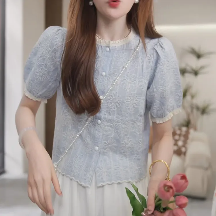 2025夏季新款设计高级感镂空蕾丝花边蓝色衬衫LK2502613
