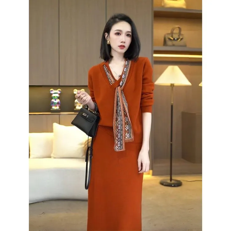 秋冬季法式轻奢复古花色飘带拼接软糯垂感针织衫宽松半裙两件套装