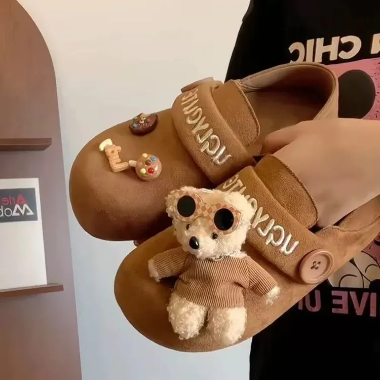 三福全包勃肯鞋女款可爱毛绒小熊软底内增高一脚蹬懒人鞋半拖女鞋