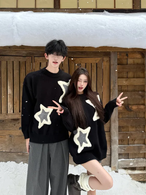 秋冬毛衣宽松情侣装冬季针织星星套头厚款针织衫加厚