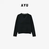 阿玉家&洋气简约百搭V领蕾丝拼接羊毛衫修身针织打底衫女#56100