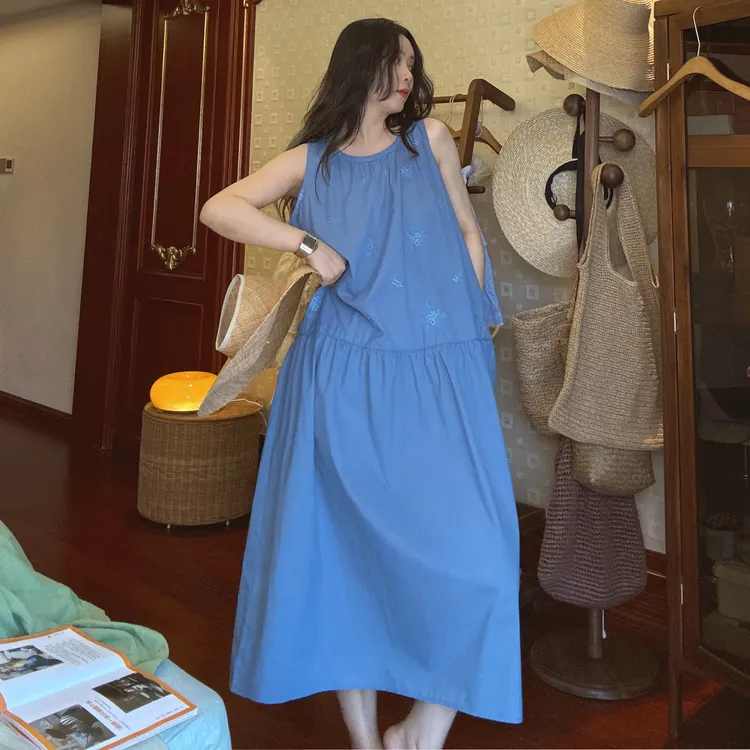 春夏纯棉2025新款刺绣蓝色睡衣女吊带长裤宽松睡裙薄款套装家居服