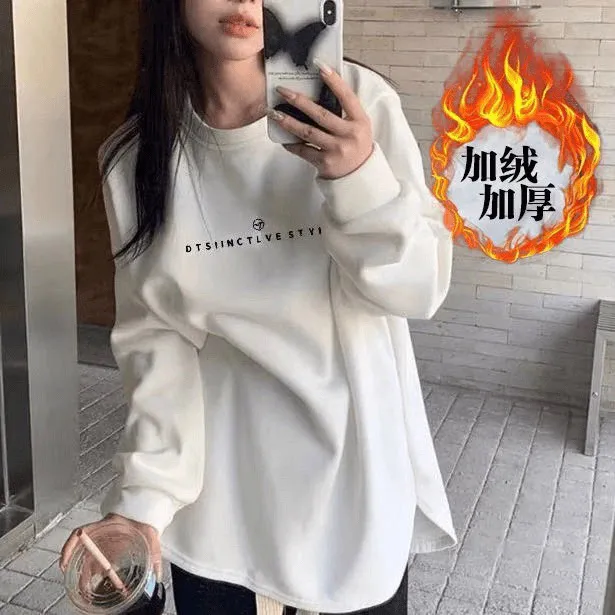 879长袖T恤女秋冬打底字母印花上衣大白T加绒加厚