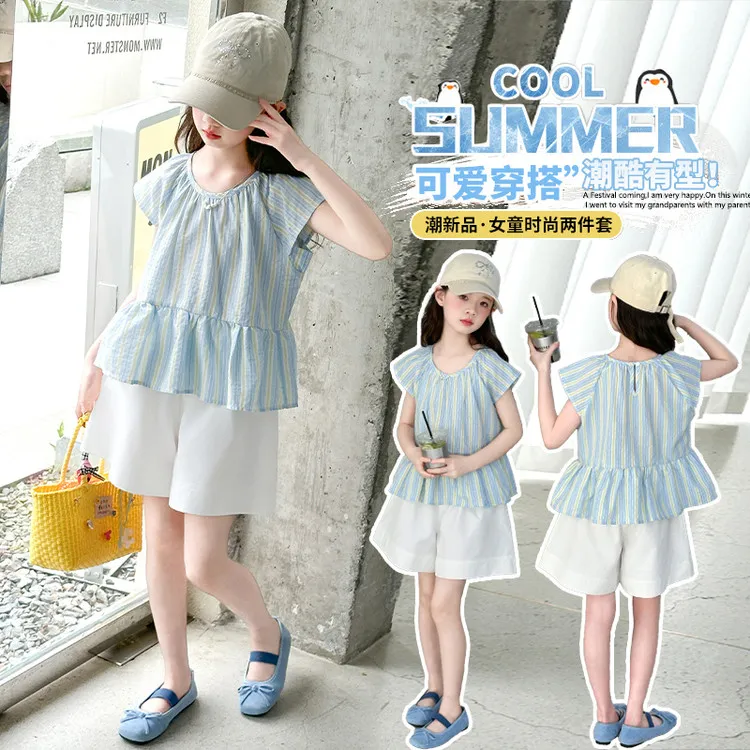女童套装休闲夏季条纹短袖短裤两件套休闲风套头女少女风