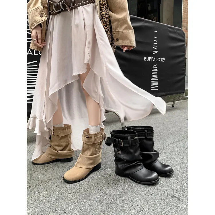 大码41粗跟圆头英伦风短靴女2025绑带裤管靴机车靴褶皱堆堆靴子42