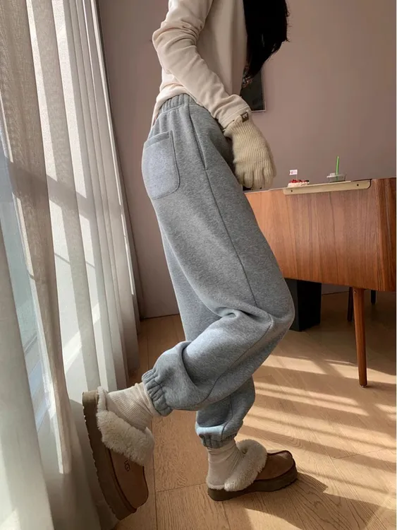 哈尼HONEY灰色运动裤女秋冬加厚超软休闲裤加绒保暖宽松束脚卫裤