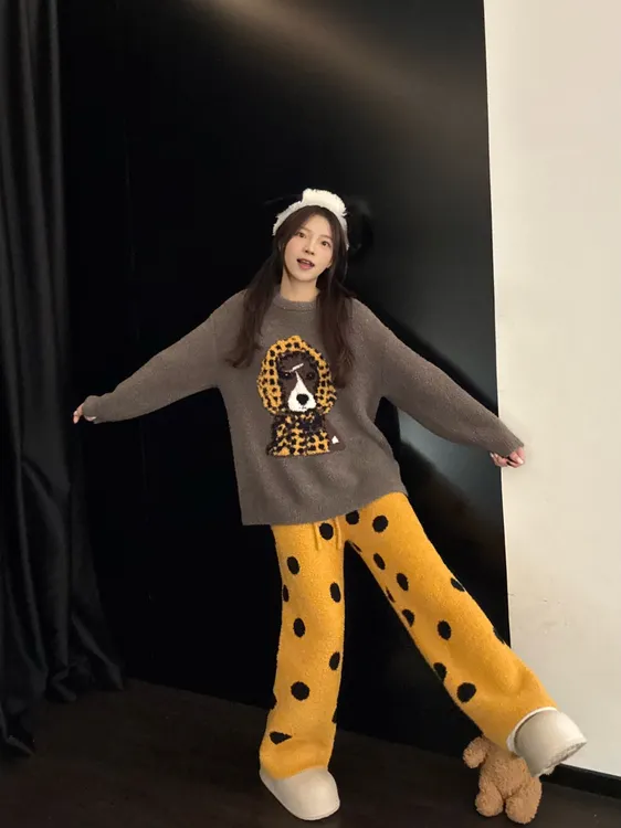 【DMXJ大梦想家】甜美卡通小狗半边绒睡衣女冬款波点长裤家居服套装