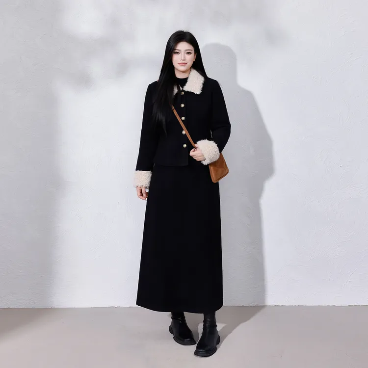 【暖冬】蛋妹大码女装微胖mm冬复古羊羔毛拼接外套半裙套装DM33556