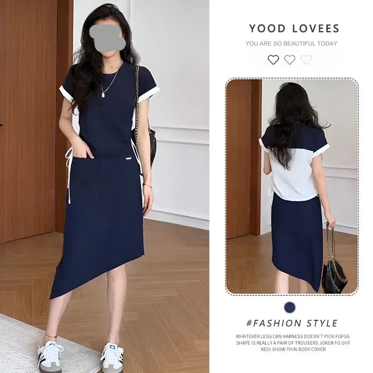 藏青色休闲运动套装女2025夏季新款韩版宽松显瘦短袖半身裙两件套