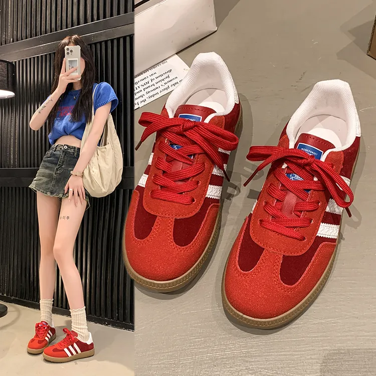 红色真皮德训鞋女款2025秋季新款爆款韩版轻便百搭不累脚平底板鞋