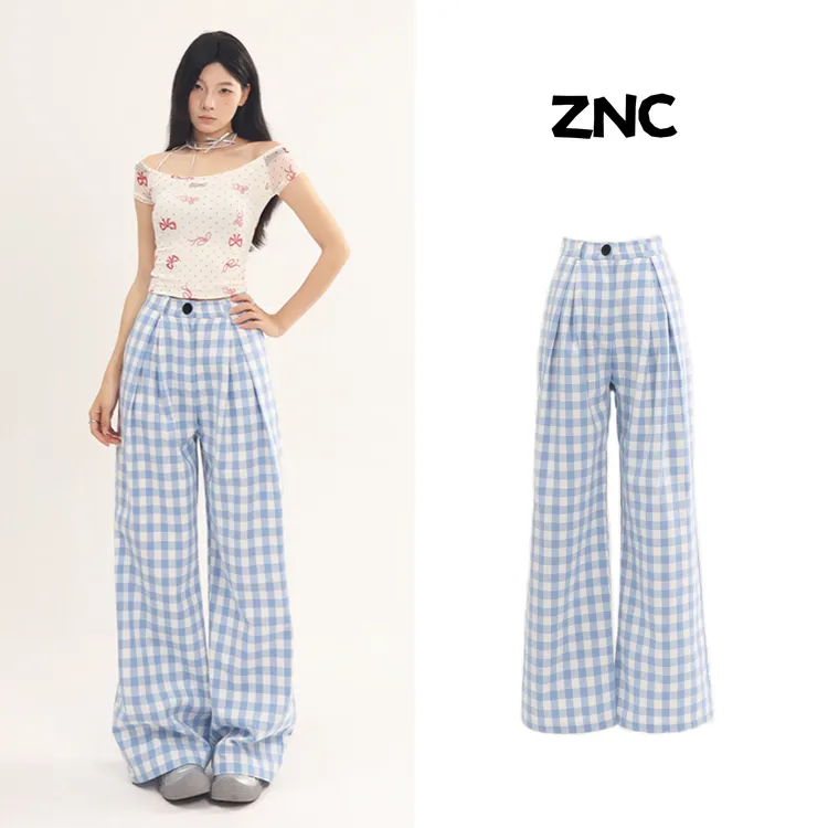 【懒羊羊不懒专属】奶蓝色格子裤女直筒休闲宽松慵懒风垂感阔腿裤