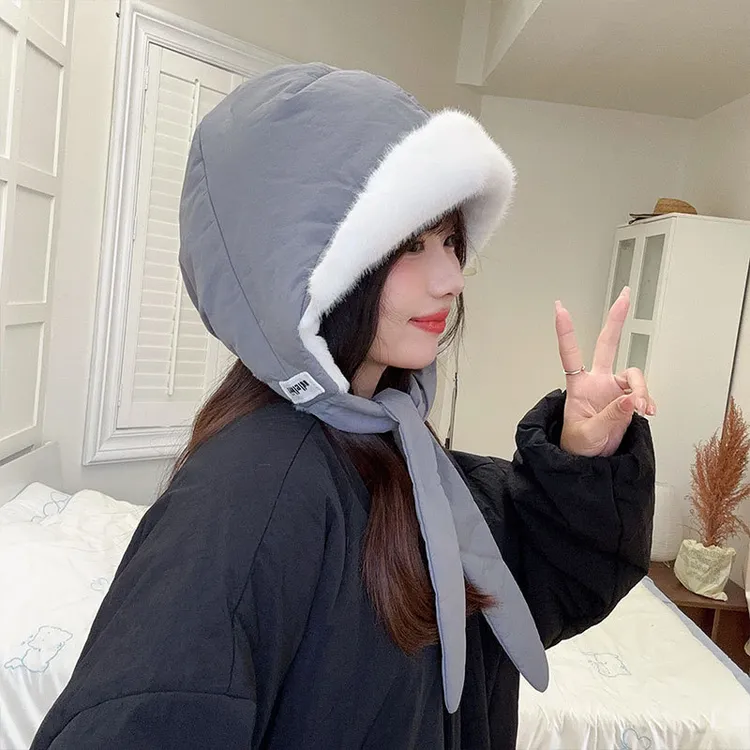 加绒保暖冬季护耳雷锋帽子女大头围滑雪骑行防风雪面罩围脖一体帽