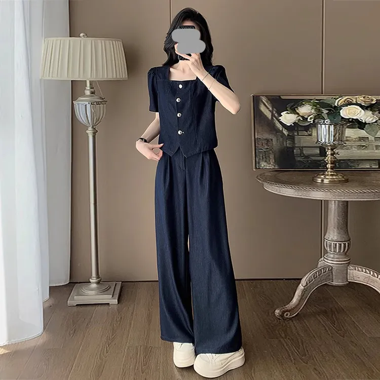 方领短袖时尚套装女2025夏季新款穿搭一整套薄款气质阔腿裤两件套