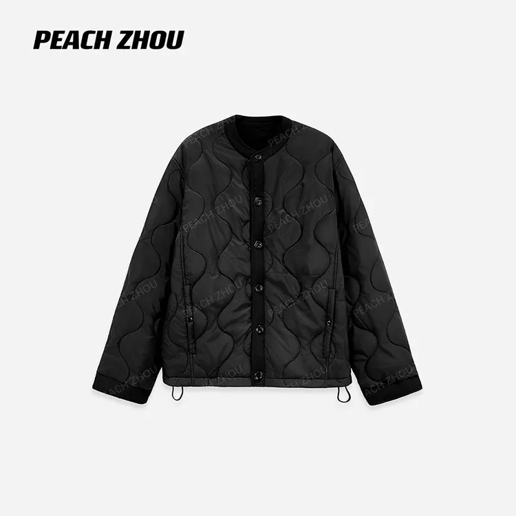 『PEACHZHOU』日系水波绗线宽松圆领系扣夹棉外套休闲百搭保暖棉服