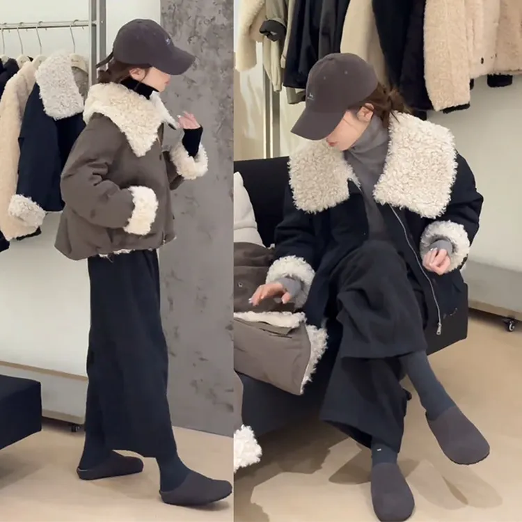时尚休闲宽松小个子百搭加厚毛绒绒外套上衣搭配阔腿裤显瘦两件套