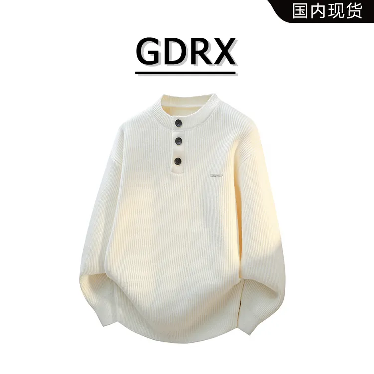 GDRX圆领长袖针织毛衣男秋季新款纽扣半开领设计上衣高级感男装