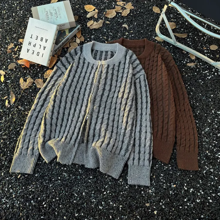 双拉链鹿毛绒麻花针织衫毛衣男女冬季新款通勤休闲百搭开衫毛线衣