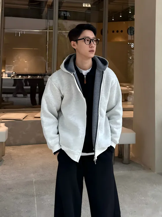 ZWZ[拼色加厚】冬季重磅连帽开衫卫衣简约百搭长袖外套