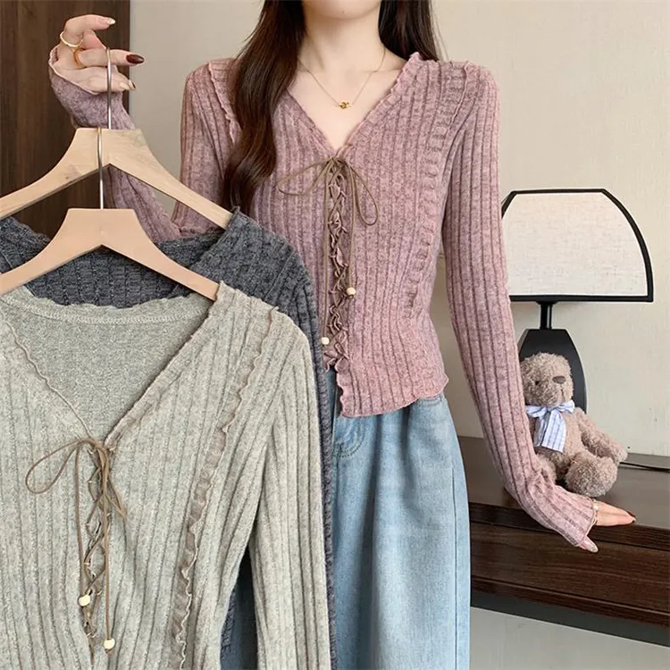 大码木耳边长袖针织衫女装2025新款秋季胖MM遮肉显瘦休闲百搭上衣