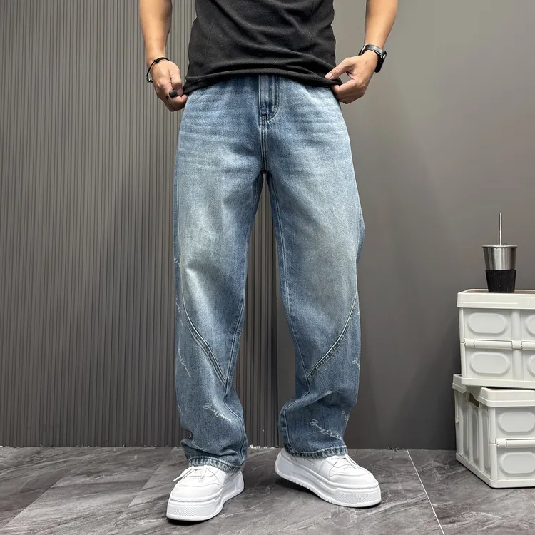 秋冬痞帅水洗复古浅蓝色牛仔裤男直筒宽松百搭阔腿裤秋冬款子潮
