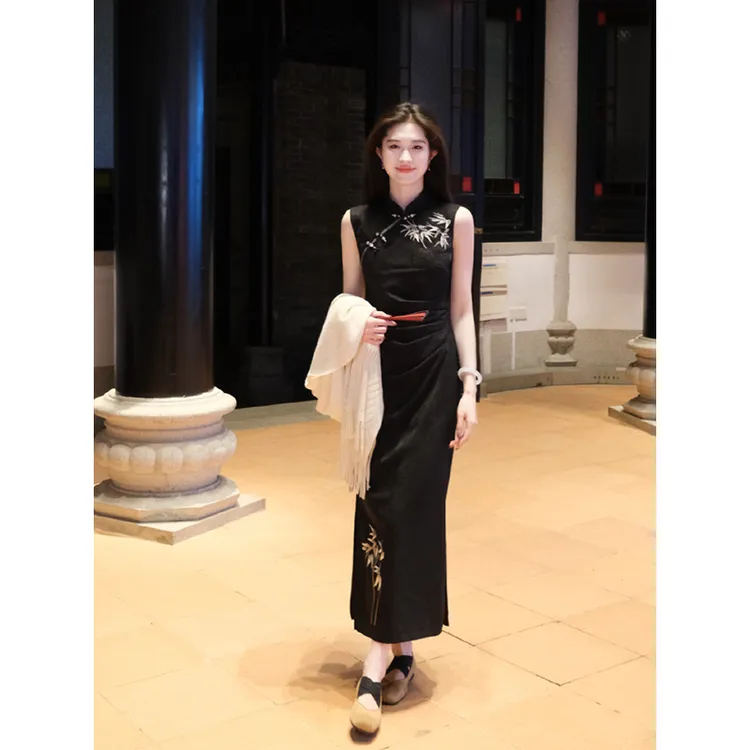 凌茜【墨竹】新中式竹叶显瘦修身黑色梭织提花优雅旗袍连衣裙