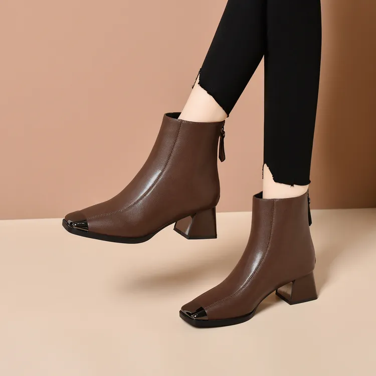 中跟法式方头短靴女2025秋冬新款单靴时尚加绒真皮靴子粗跟瘦瘦靴