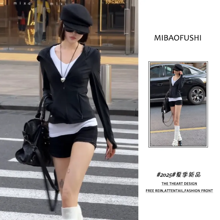 夏季穿搭一整套女装2025年新款韩系打底上衣防晒外套短裤三件套潮