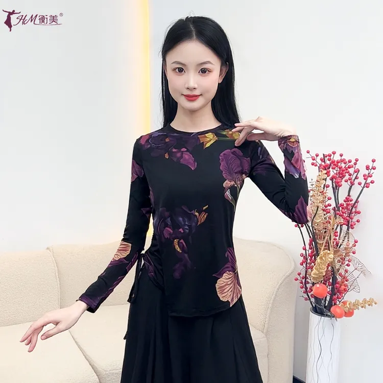 现代舞练功服上衣抽绳修身圆领印花成人下摆长袖民族舞古典舞服装