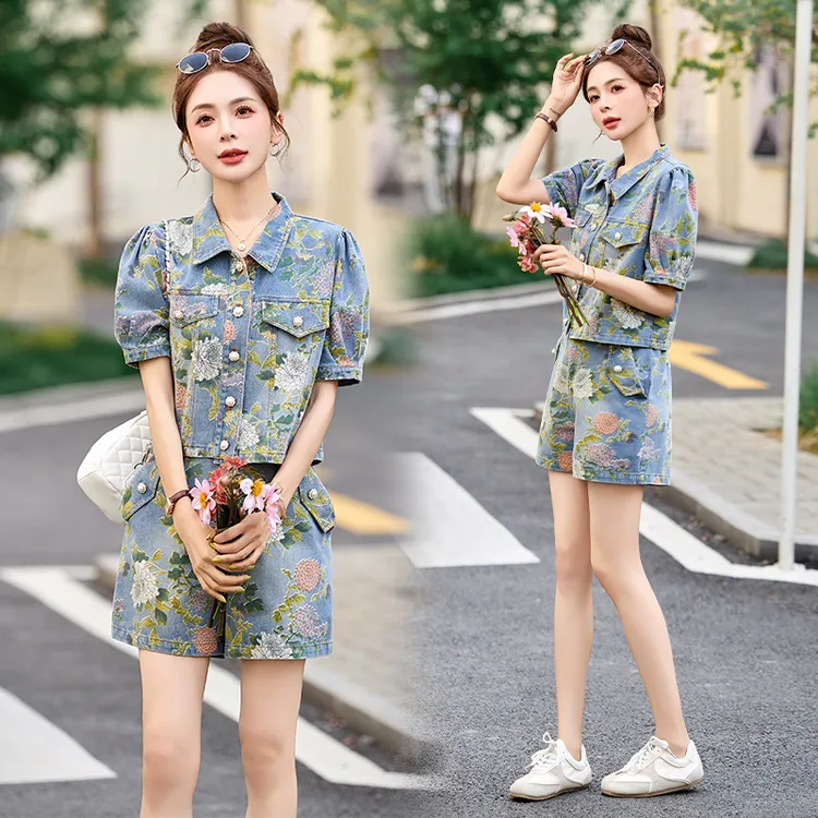 复古印花牛仔套装女2025夏季新款高级感小个子洋气减龄短裤两件套