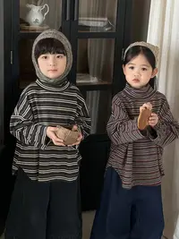 2025秋季新品韩版男女童半高领条纹百搭洋气打底上衣jy2538