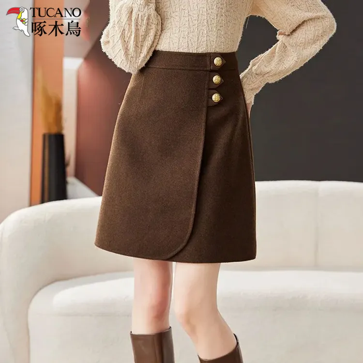 TUCANO/啄木鸟秋冬高级时尚毛呢半身裙女高腰显瘦修身气质A字短裙