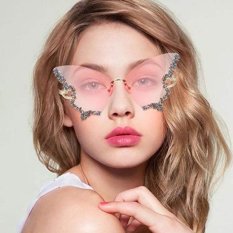 蝴蝶形状镶钻无框太阳镜女时尚个性拍照墨镜防紫外线遮阳气质