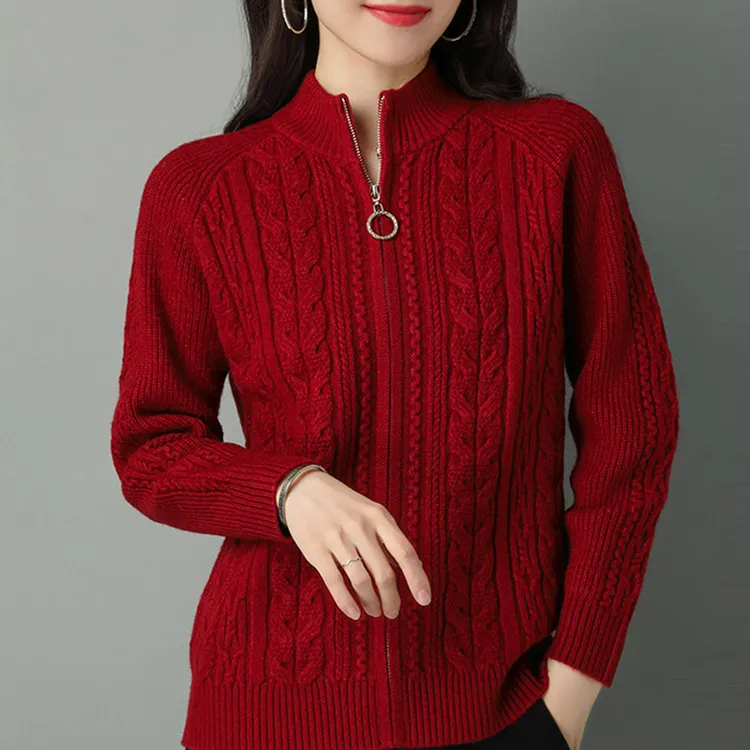 正品羊毛开衫秋冬新款百搭拉链麻花毛衣外搭宽松针织外套羊毛衫女