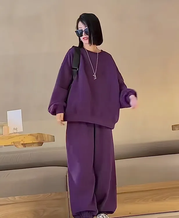 2025年冬季纯棉慵懒风休闲风时尚套装春秋宽松上衣阔腿宽松裤套装