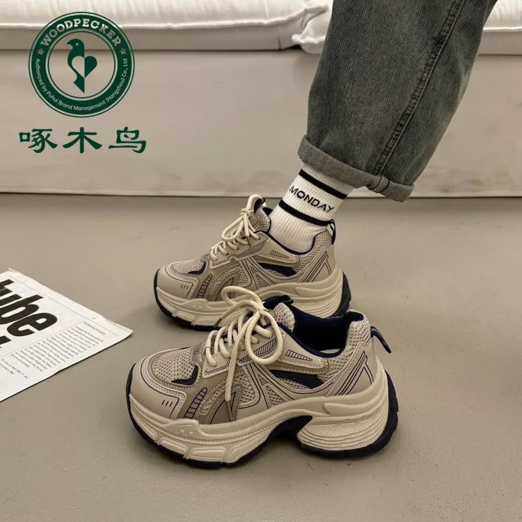 啄木鸟爆款百搭厚底老爹鞋女秋冬新款加绒小个子增高休闲运动鞋女