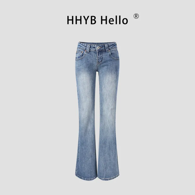 HHYB Hello2025秋季新款蓝色低腰喇叭牛仔裤女直筒休闲裤Q254308