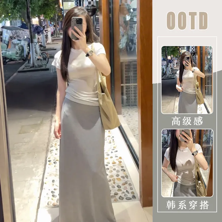 2025超火夏装一整套韩系氛围穿搭短袖t恤上衣高腰灰色半身裙套装