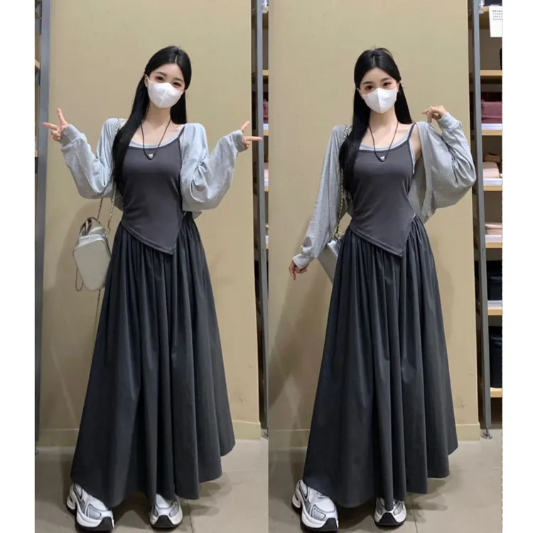 大码春夏新款法式外搭开衫上衣拼接假两件吊带连衣裙洋气显瘦穿搭