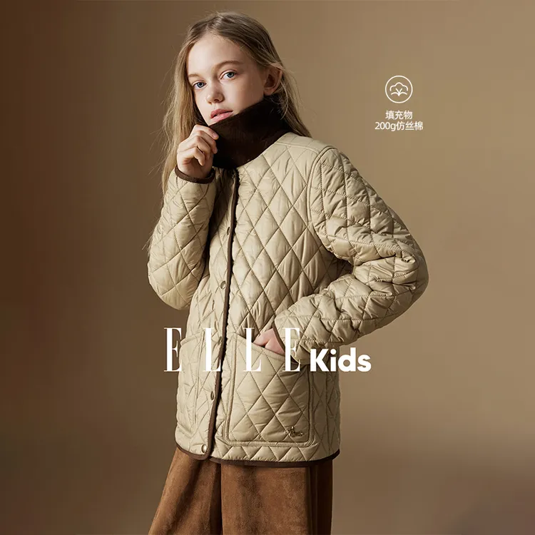 ELLE KIDS童装 复古撞色灯芯绒翻领绗格棉服女童冬新款气质外套D1