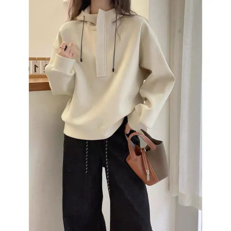秋季套头连帽秋冬白色女士短卫衣休闲风厚款