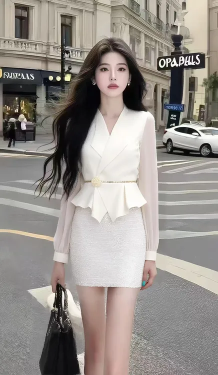 轻奢设计感小香风白色长袖V领收腰上衣+白色包臀半身裙时尚两件套