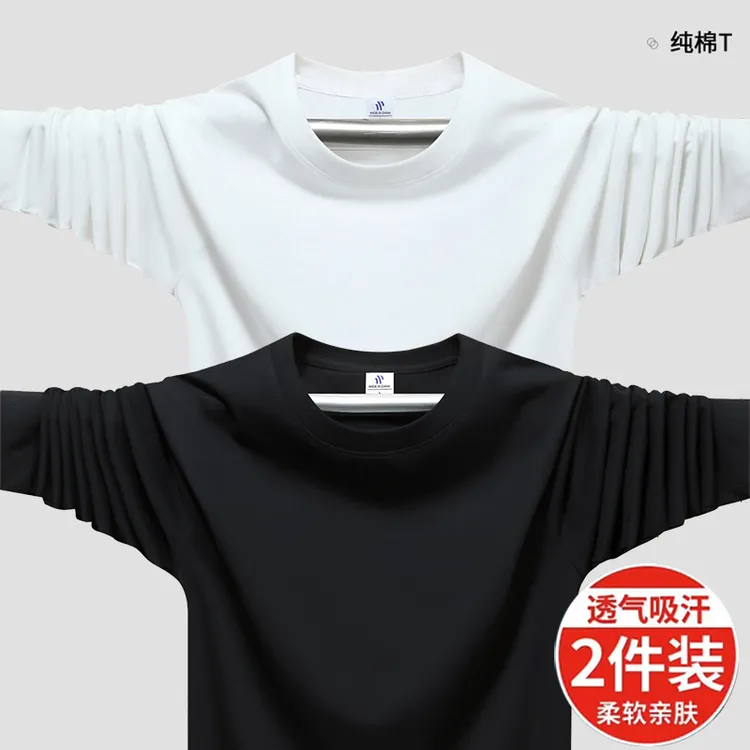 2件长袖T恤男纯棉圆领2025新款春秋季衣服打底衫体恤学生青年上衣