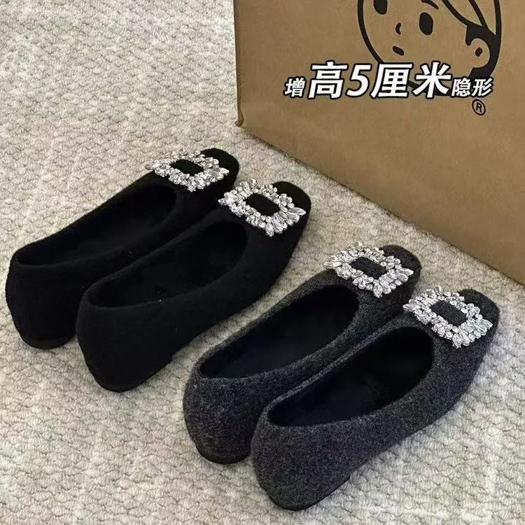 小个子内增高5CM方扣毛毛鞋女冬季加绒保暖绒面浅口玛丽珍单鞋女