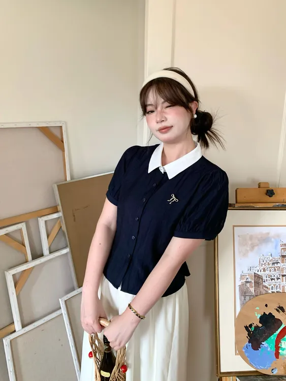 月半鱼【艺术生】时髦MIU风_撞色POLO领系带设计上衣女短袖T恤