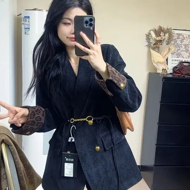拼接豹纹西装外套女2025早春新款时尚百搭轻奢韩版宽松百搭西服
